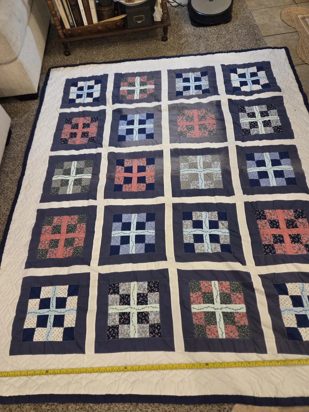 Patchwork Navy and Cream Quilt with Blue and Coral Accents
